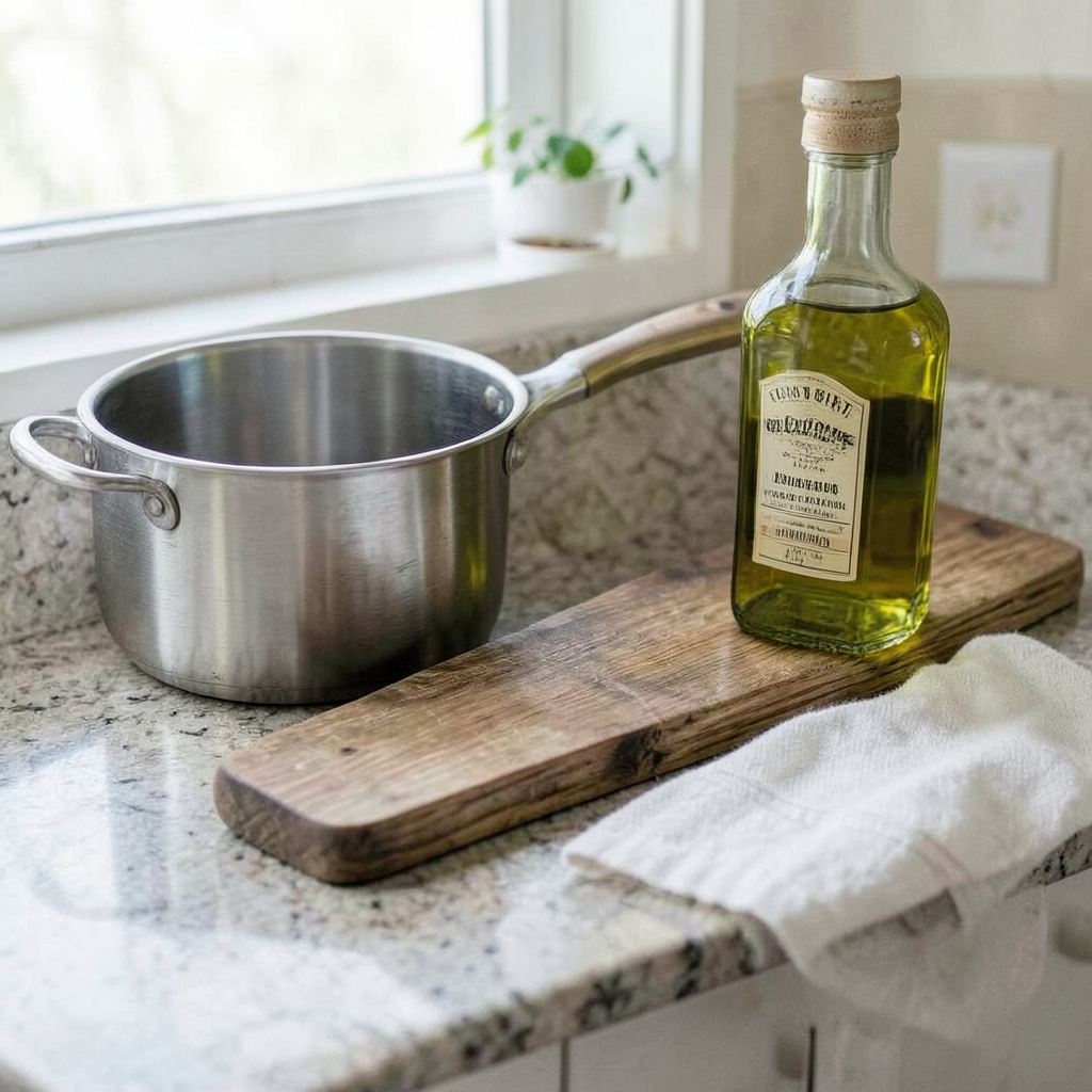 A kitchen counter with a stainless steel pot, a wooden cutti