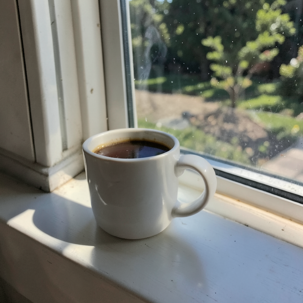 A coffee mug on a sunny windowsill casting a sharp shadow to