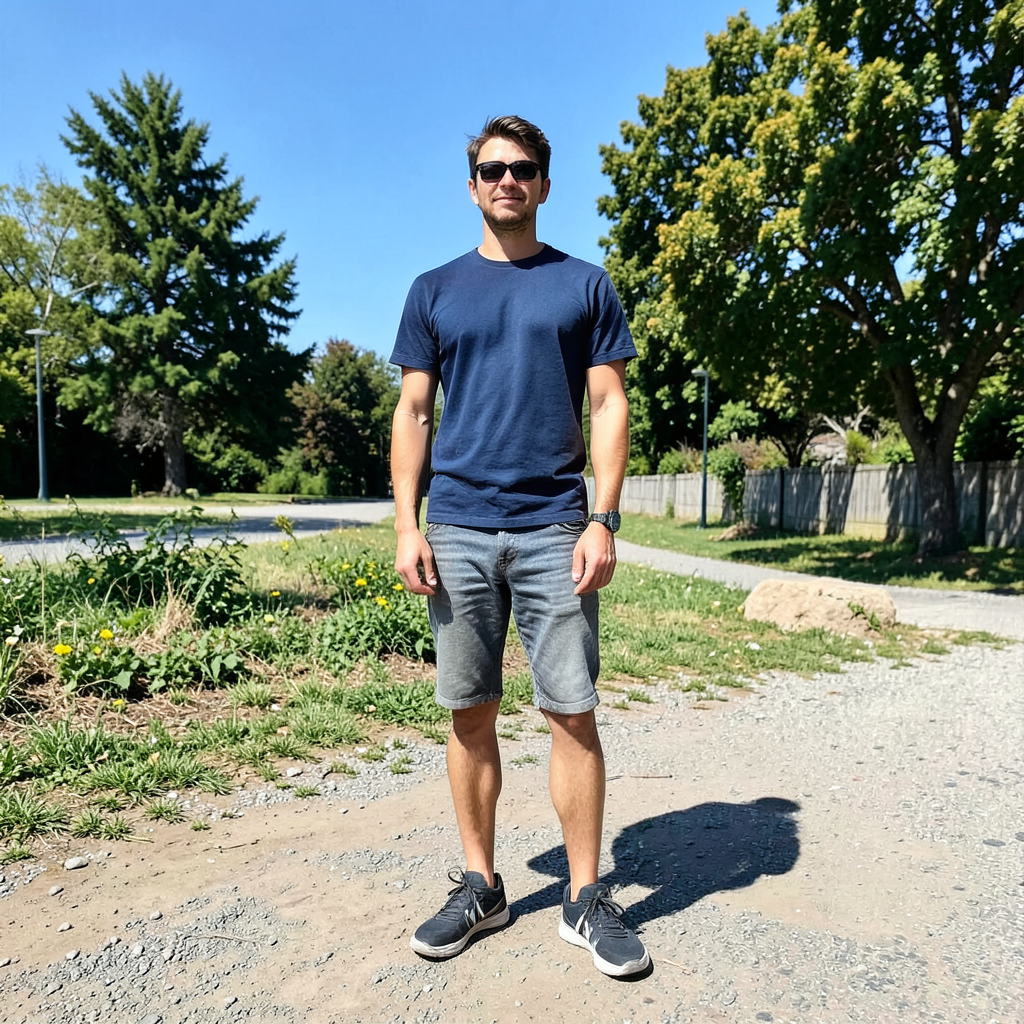 A person standing outdoors at midday with a short shadow dir