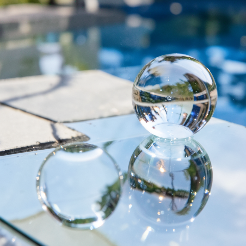 A clear glass sphere sitting on a mirror surface near a pool
