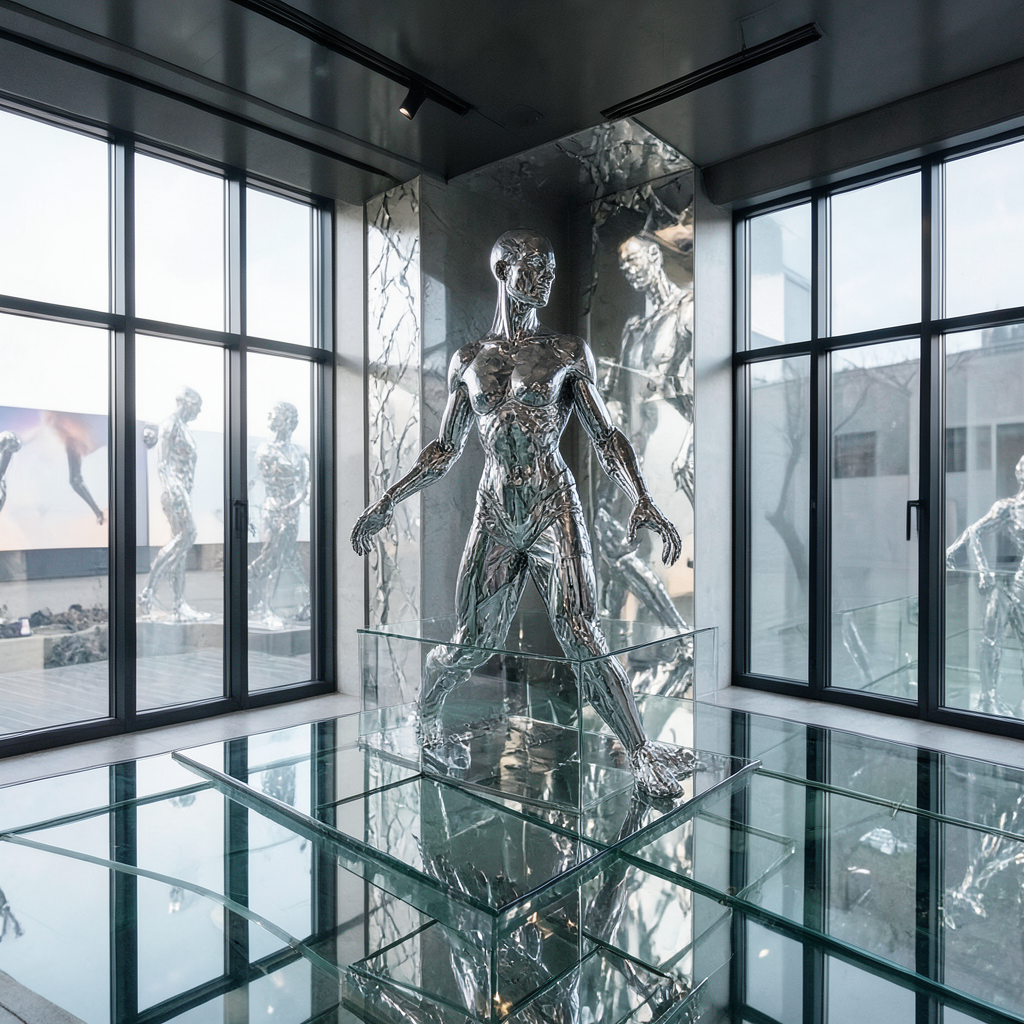 A chrome sculpture in a room with a glass floor and large wi