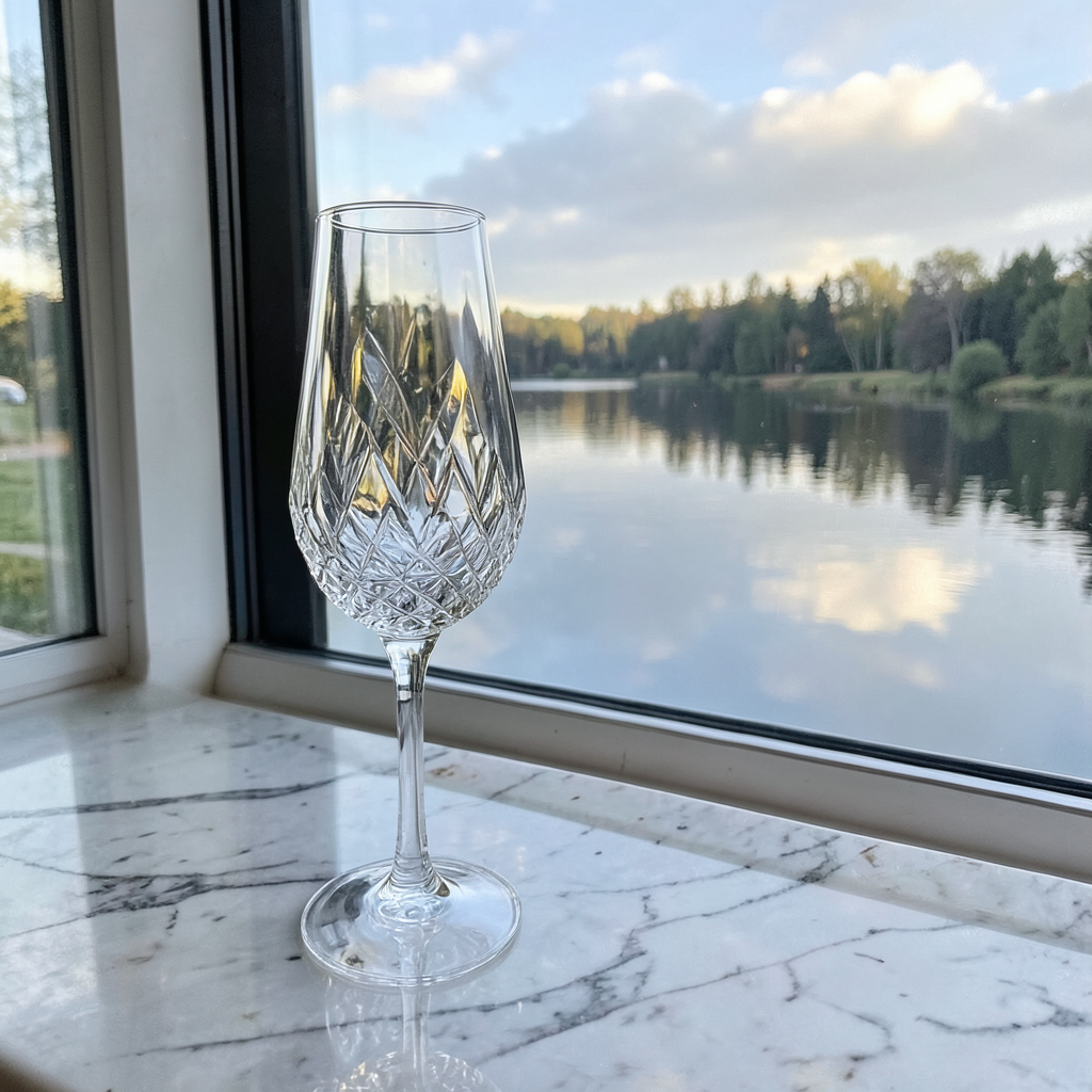 A crystal wine glass on a polished marble counter next to a 
