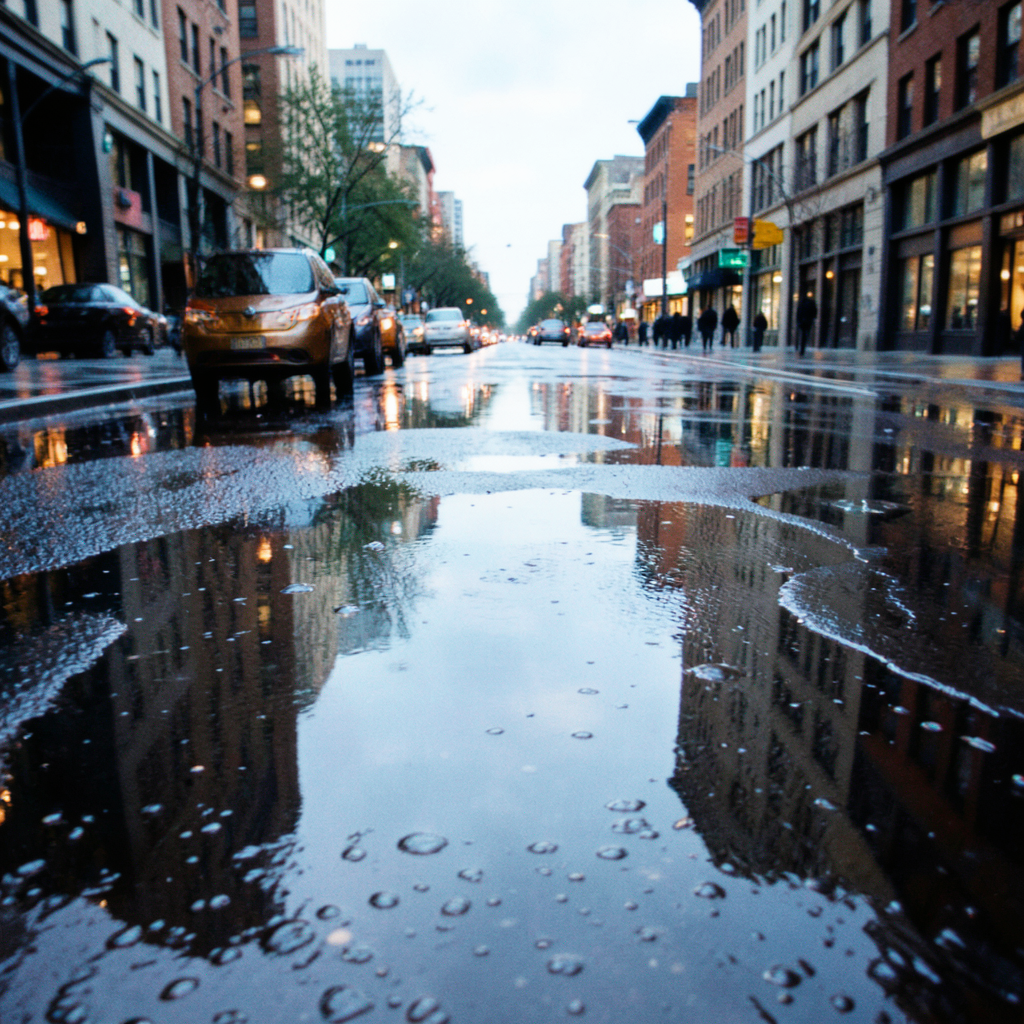 A city skyline reflected in a rain puddle on a street, with 