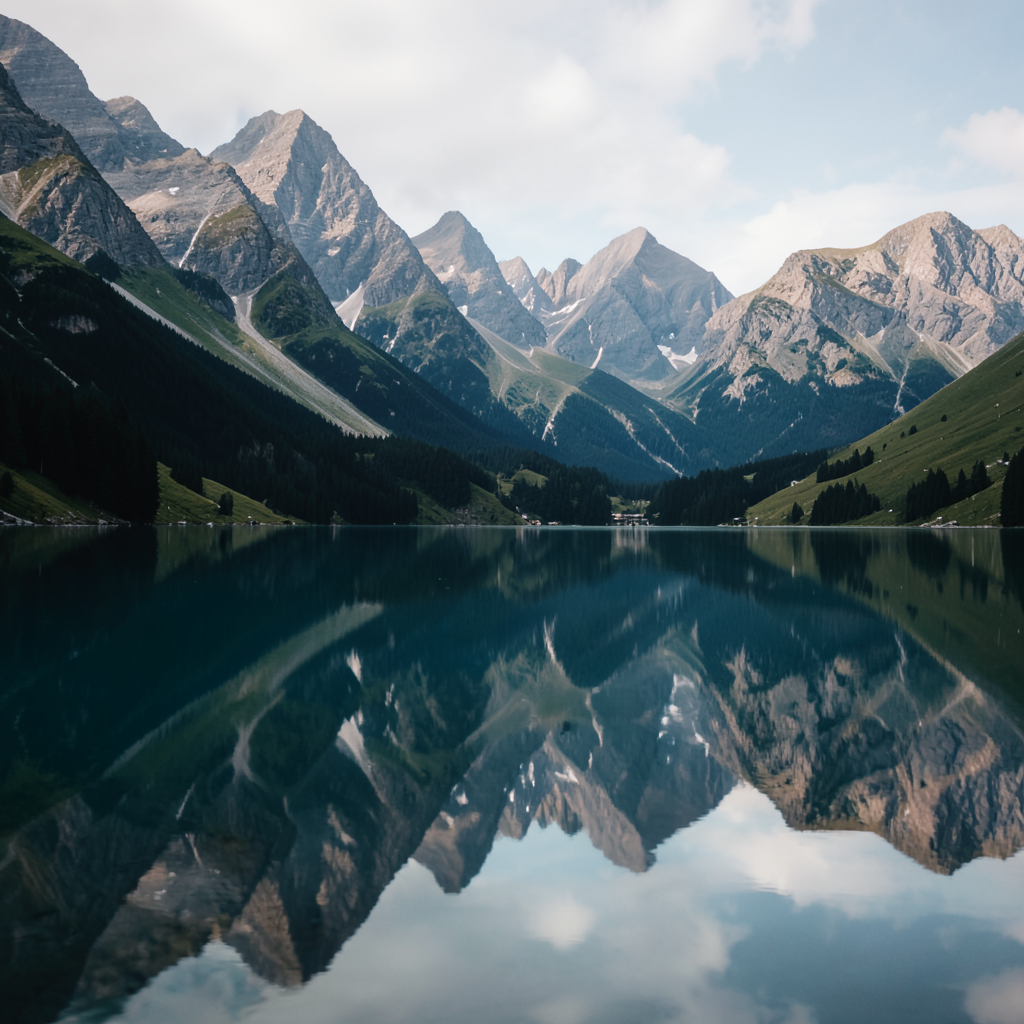 A mountain range reflected in a still alpine lake, with the 