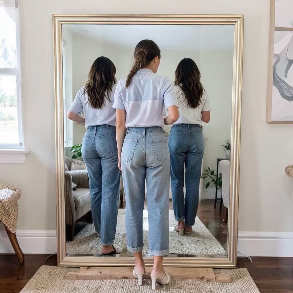 A woman standing in front of a full-length mirror, her refle