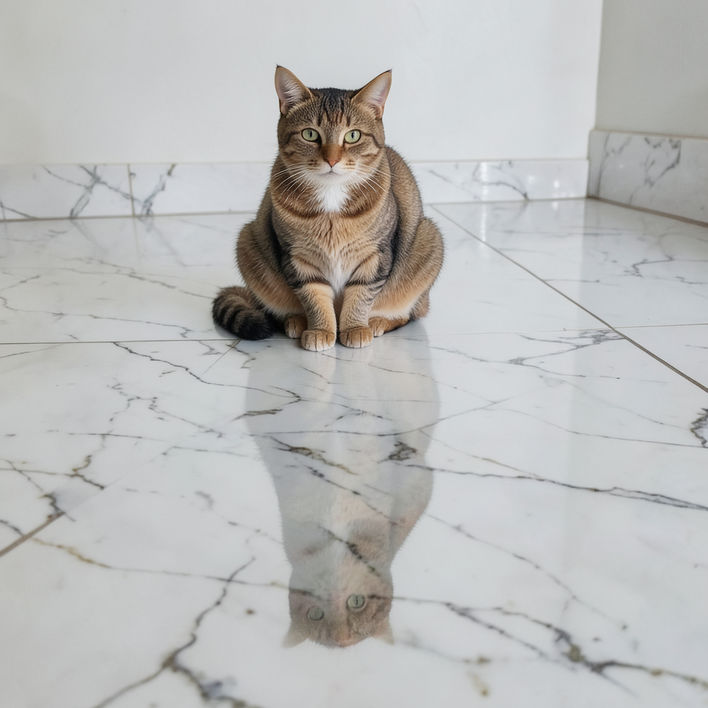 A cat sitting on a polished marble floor with its reflection