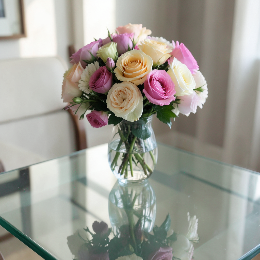 A vase of flowers on a glass table with a clear reflection v