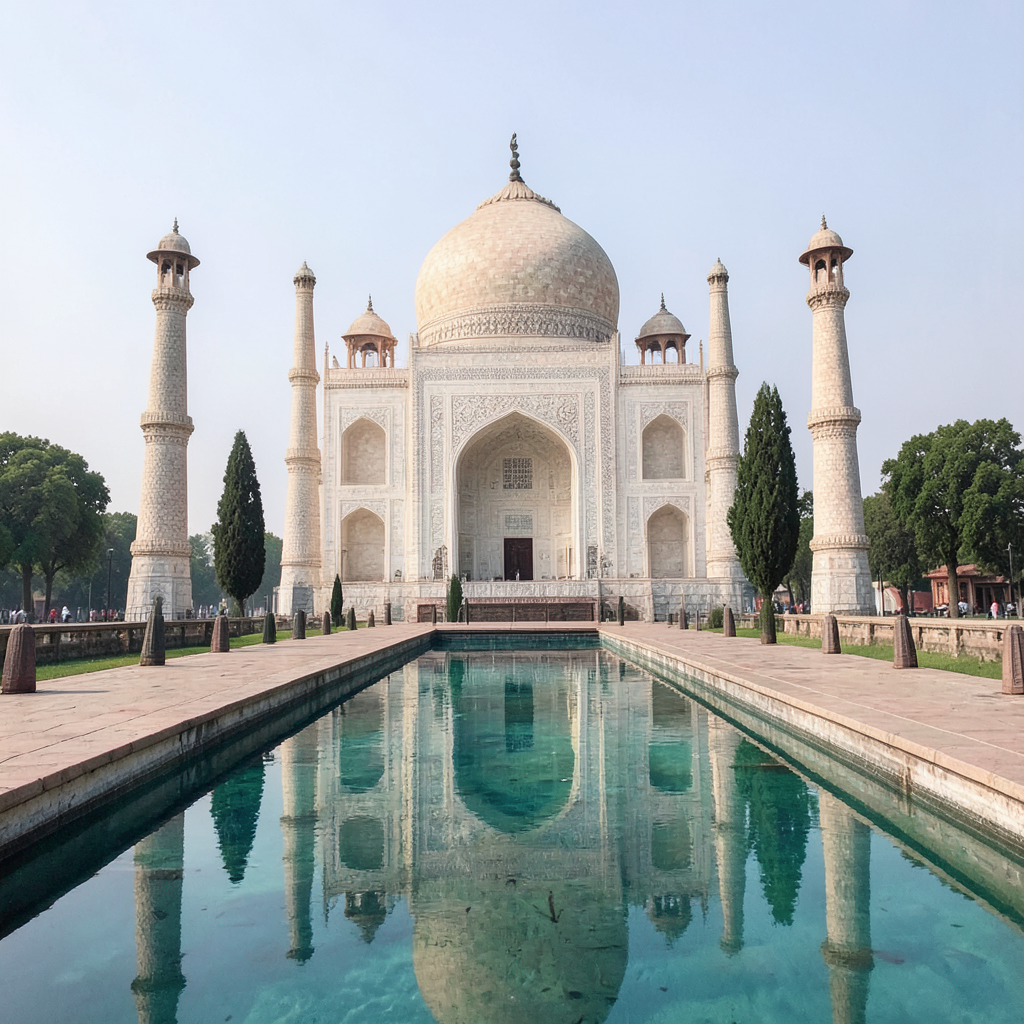 The Taj Mahal in Agra seen from the reflecting pool, with ac