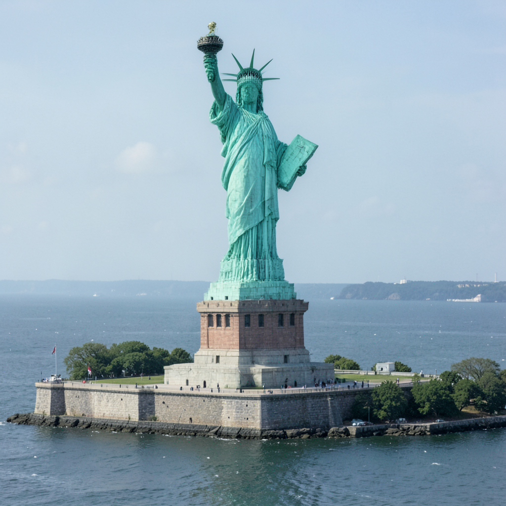 The Statue of Liberty on her island pedestal, with correct t