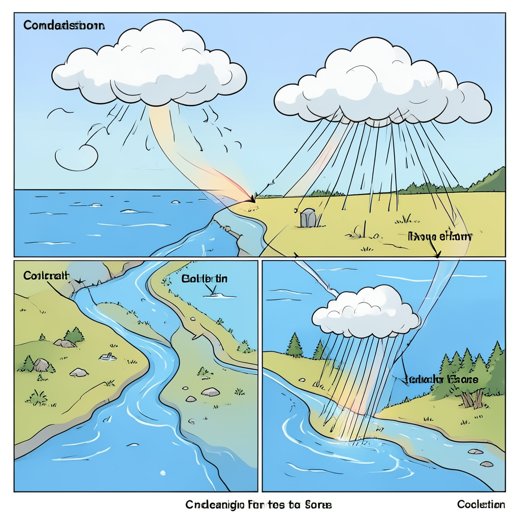 A detailed diagram of the water cycle showing evaporation fr