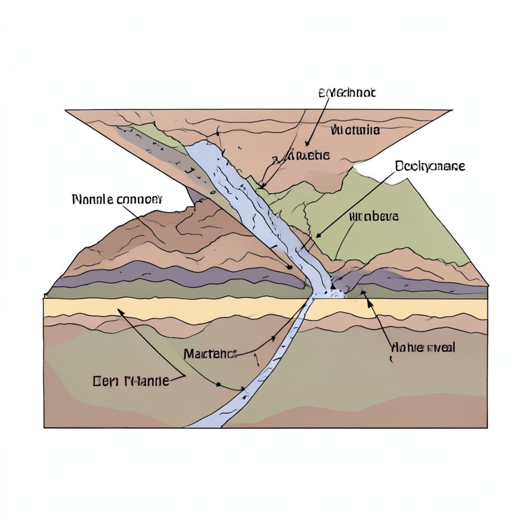 A cross-section showing tectonic plates at a convergent boun