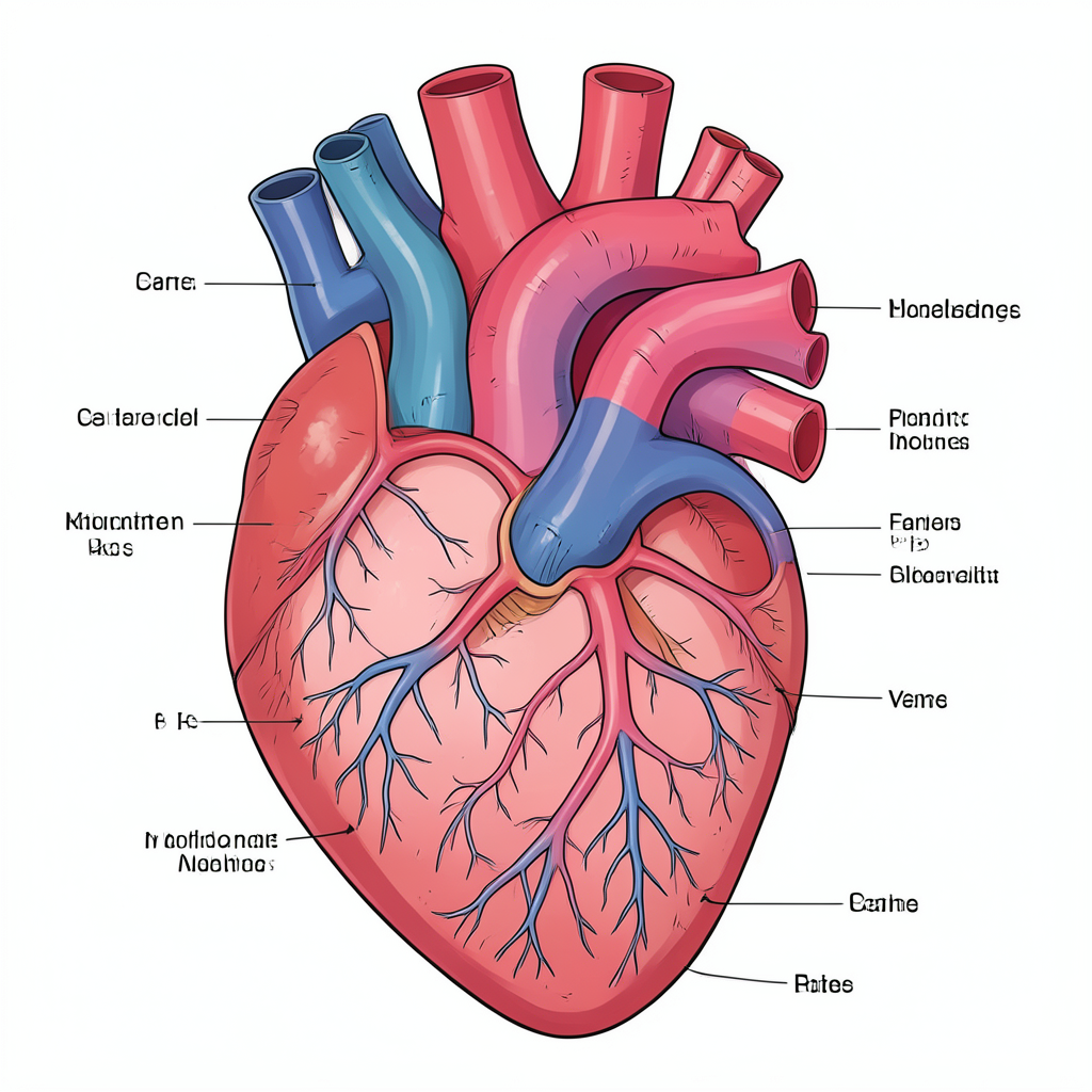 An anatomical illustration of the human heart showing four c