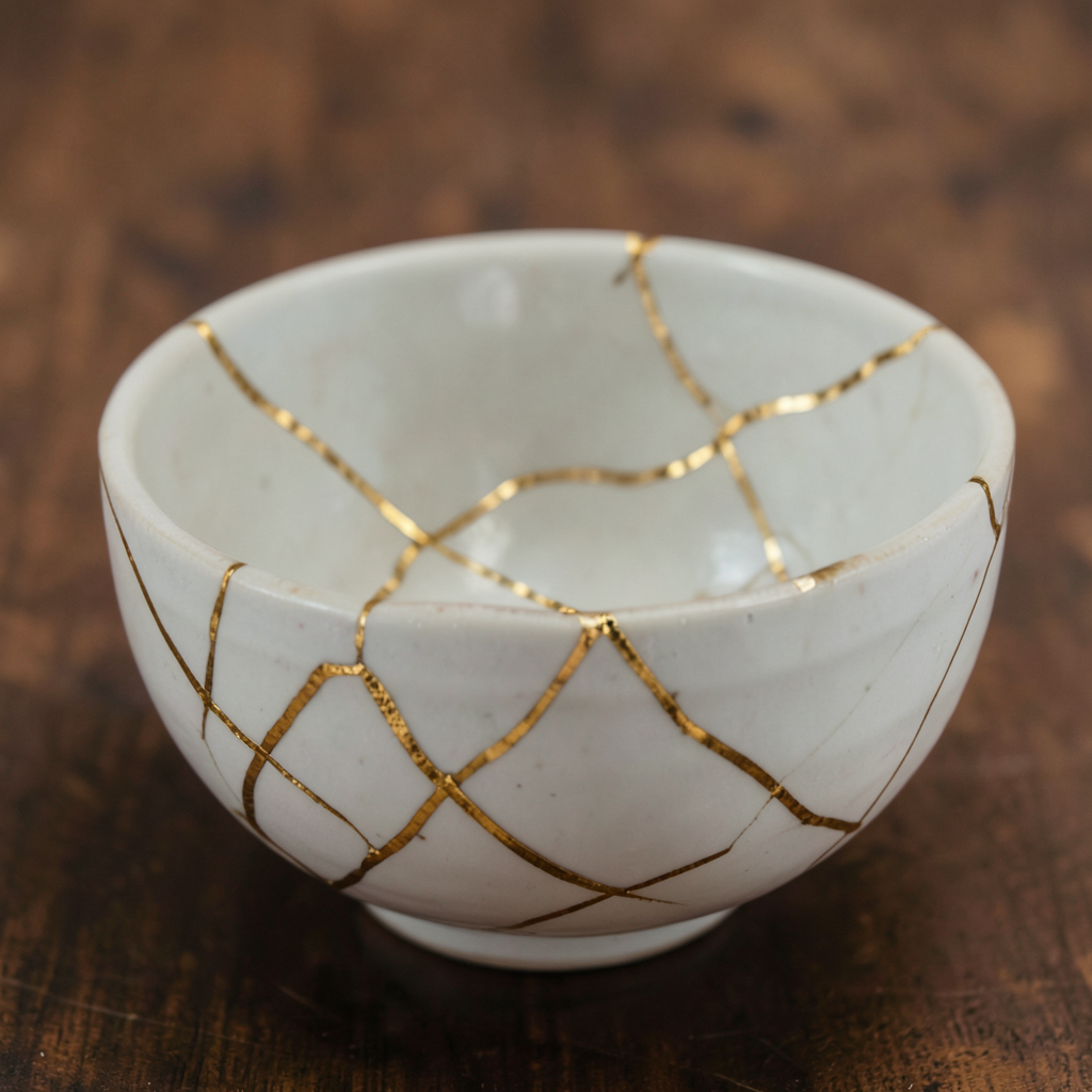 A Japanese kintsugi bowl — cracked ceramic repaired with vis