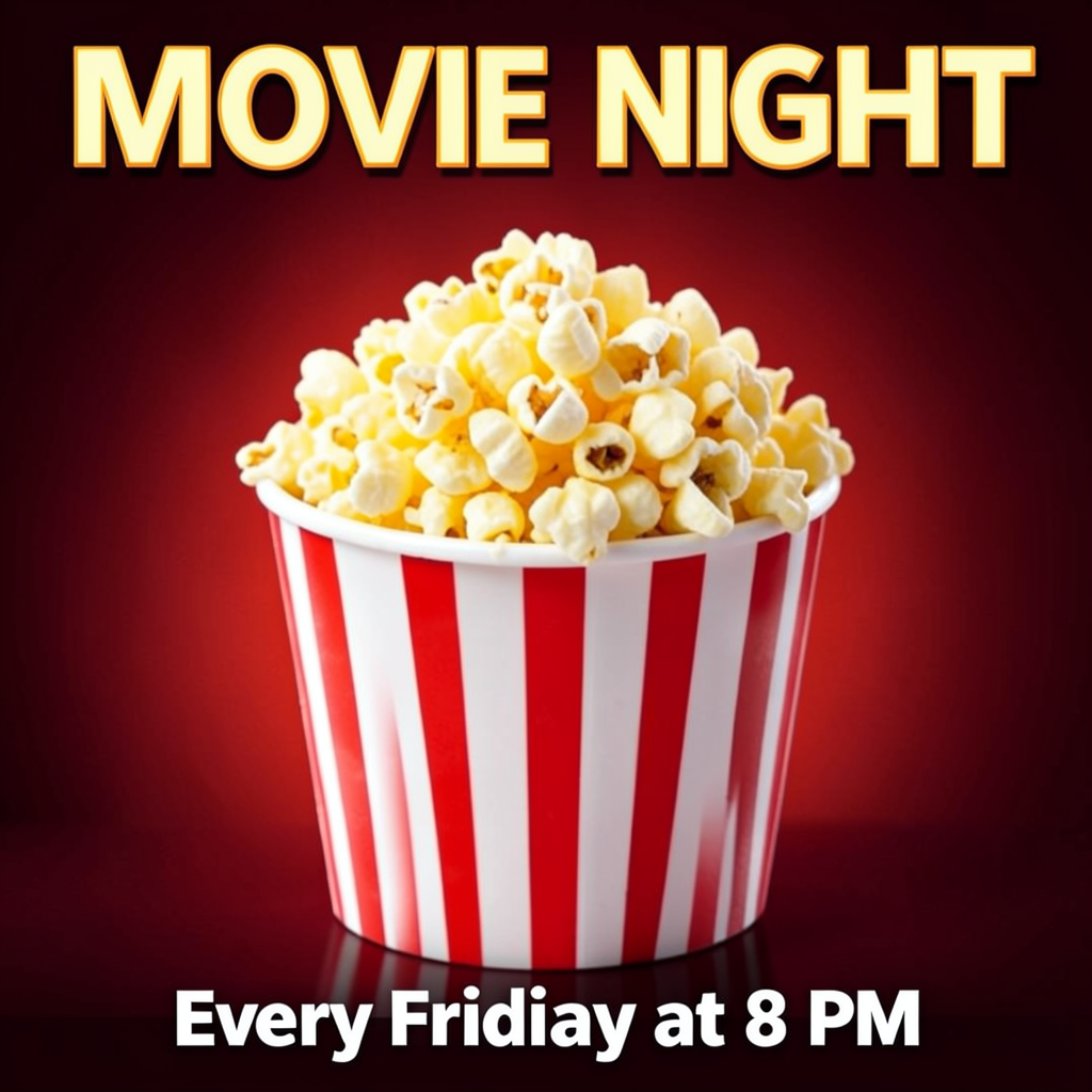 A movie night poster with a large popcorn image in the cente