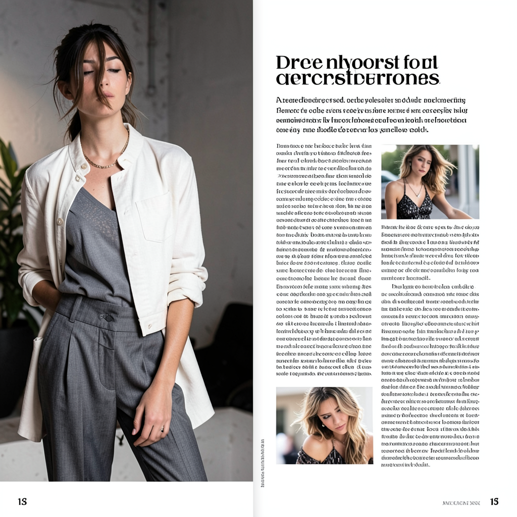 A fashion magazine spread with a full-bleed left-page photo,