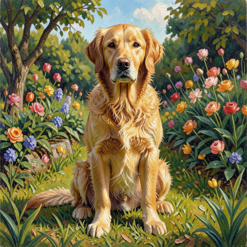 A golden retriever sitting in a garden, painted in the style
