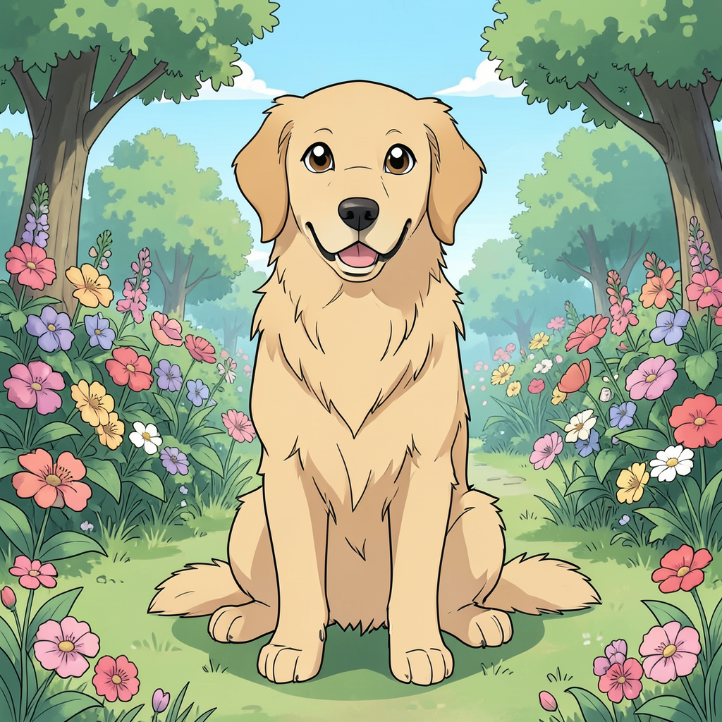A golden retriever sitting in a garden, rendered in Japanese