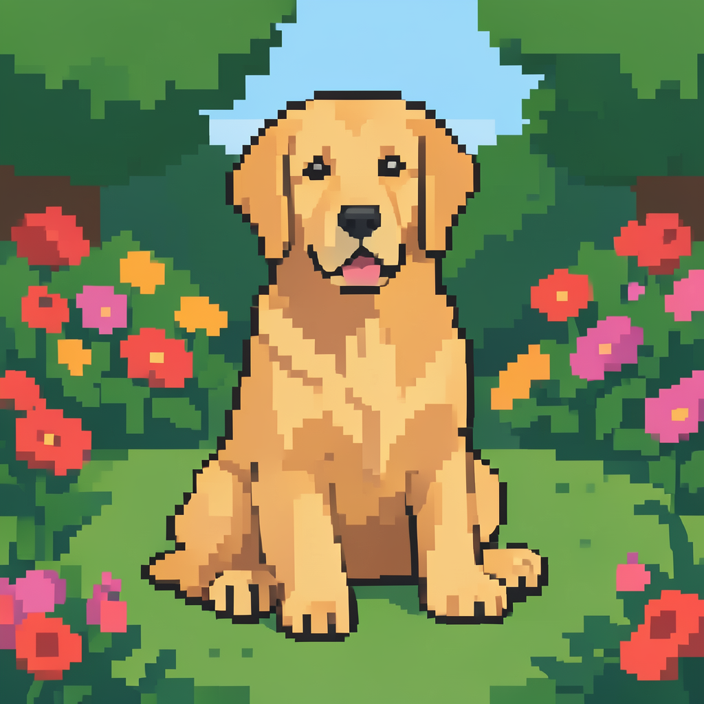 A golden retriever sitting in a garden, rendered in pixel ar