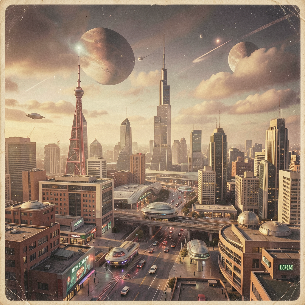 A cityscape rendered in nostalgic futurism — retro-futuristi