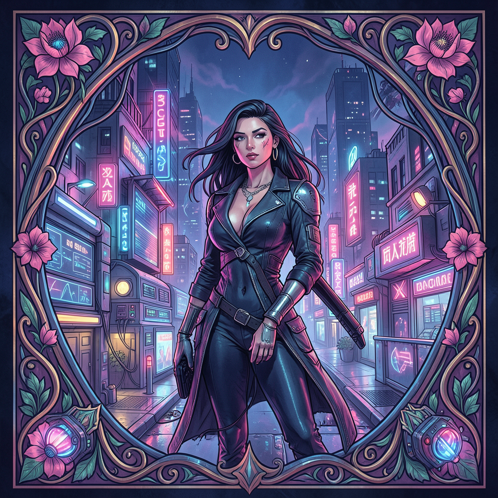 A woman in a futuristic city rendered in cyberpunk Art Nouve