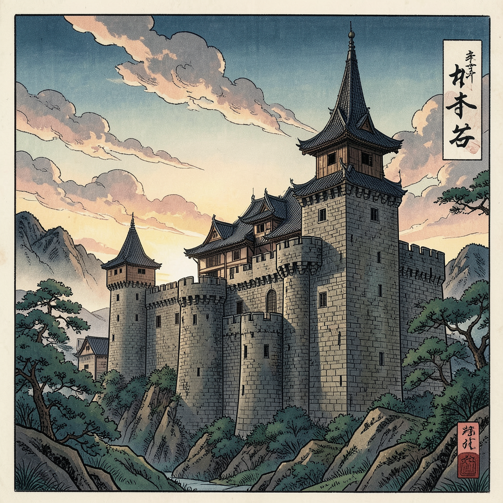 A medieval castle depicted in Japanese ukiyo-e woodblock pri