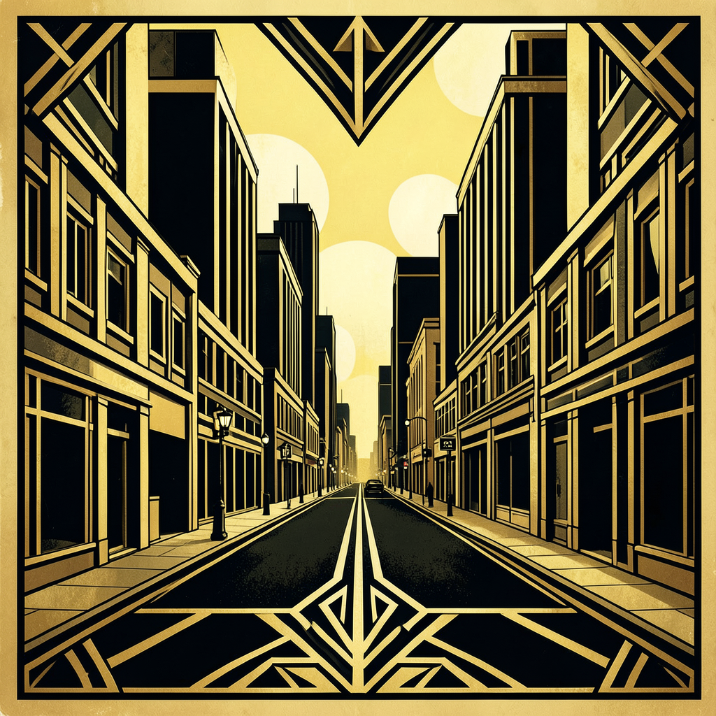 A city street scene in the style of Art Deco — geometric sha