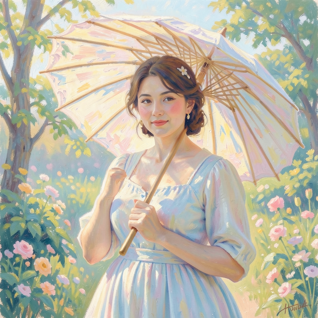 A woman with a parasol in the style of Impressionism — soft 
