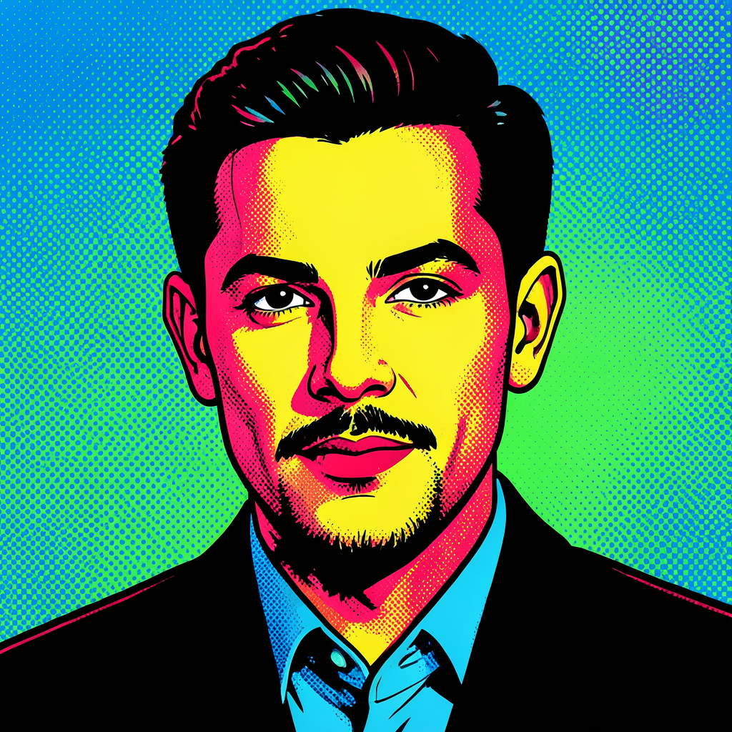 A portrait of a man in Pop Art style — bold outlines, Ben-Da