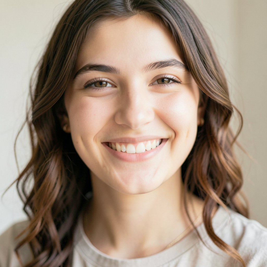 A close-up portrait of a young woman with a warm natural smi