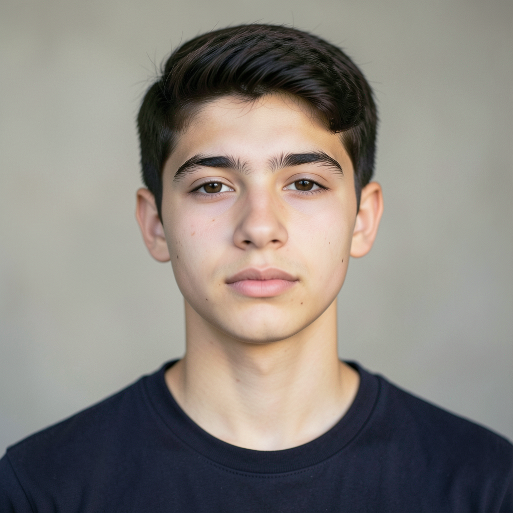A headshot of a teenager with a relaxed, neutral face