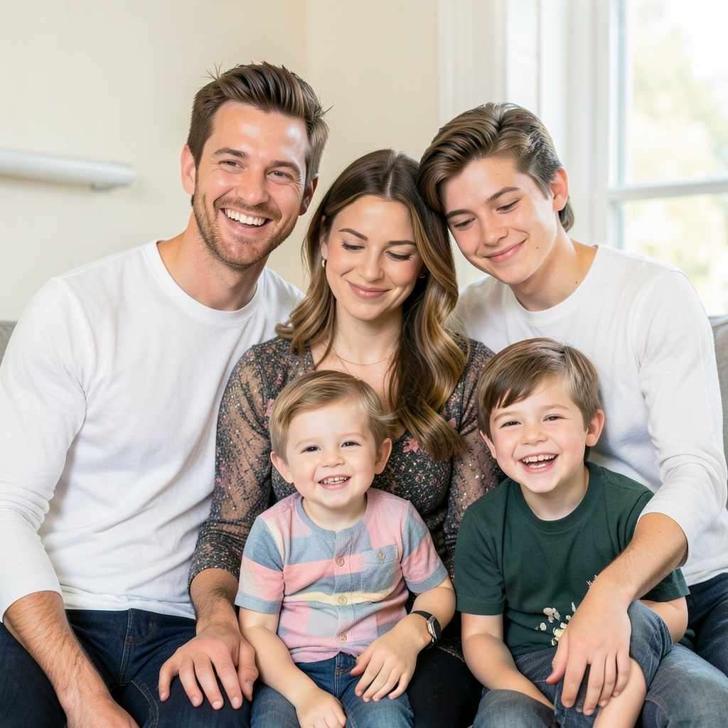A family photo with four people: a father beaming with pride