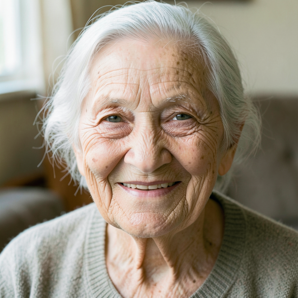 An elderly woman in her 80s with deep wrinkles and white hai