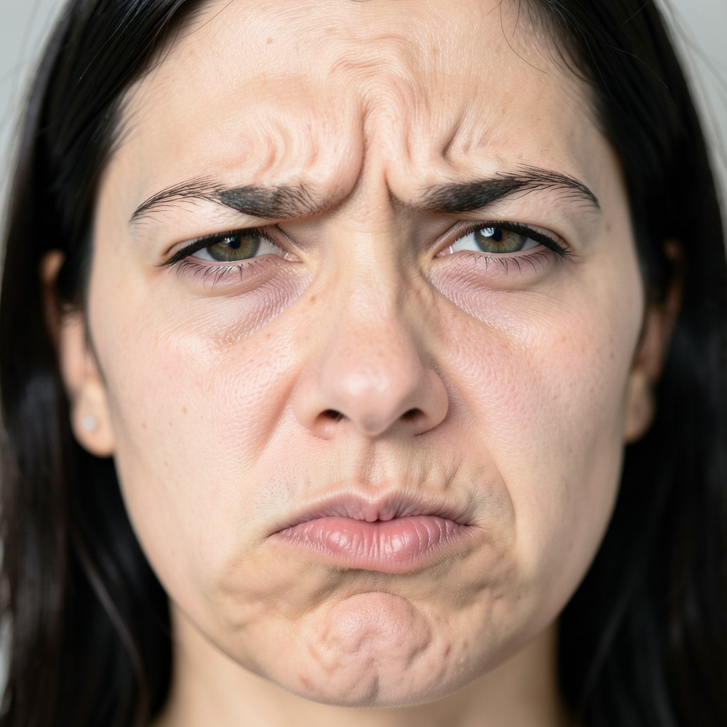 A close-up of a person's face showing clear disgust, nose wr