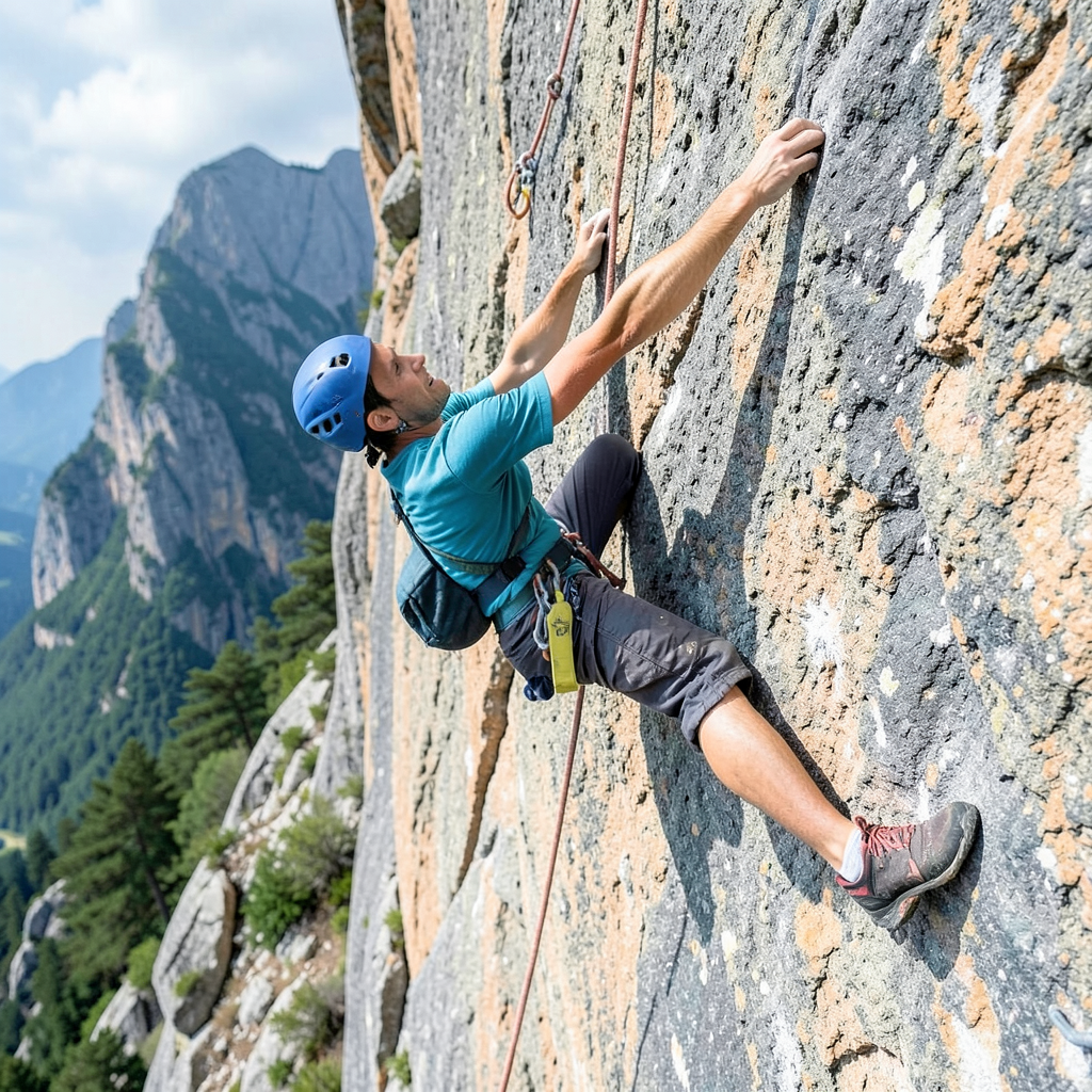 A rock climber clinging to a cliff face with arms and legs e