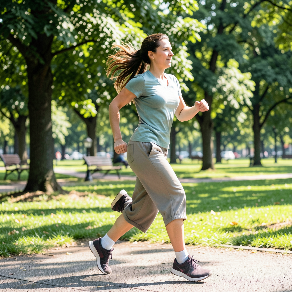 A woman mid-stride running through a park, hair and clothes 