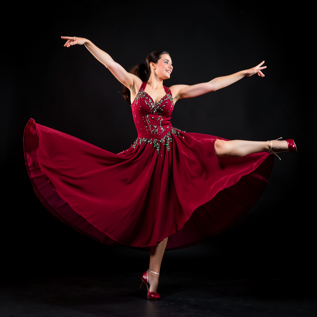 A dancer in a dynamic spin, dress flowing outward with one l