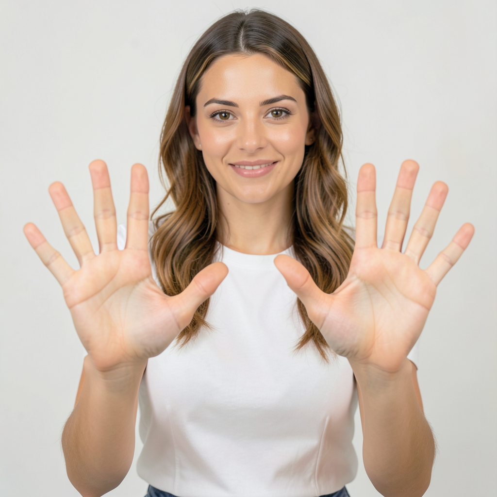 A woman holding her hands out in front of her palms-up, all 