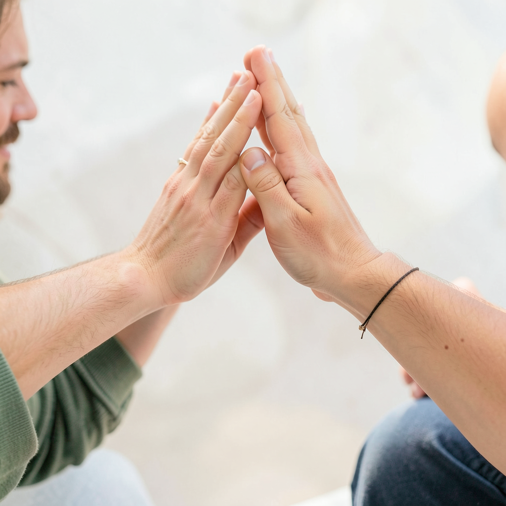 Two people doing a high-five, palms meeting with all fingers