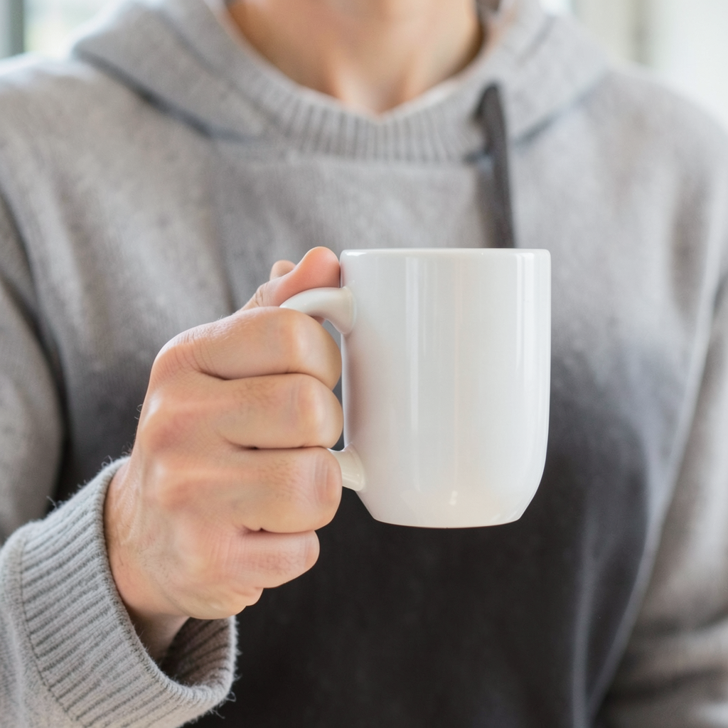 A person holding a white ceramic coffee mug by the handle wi
