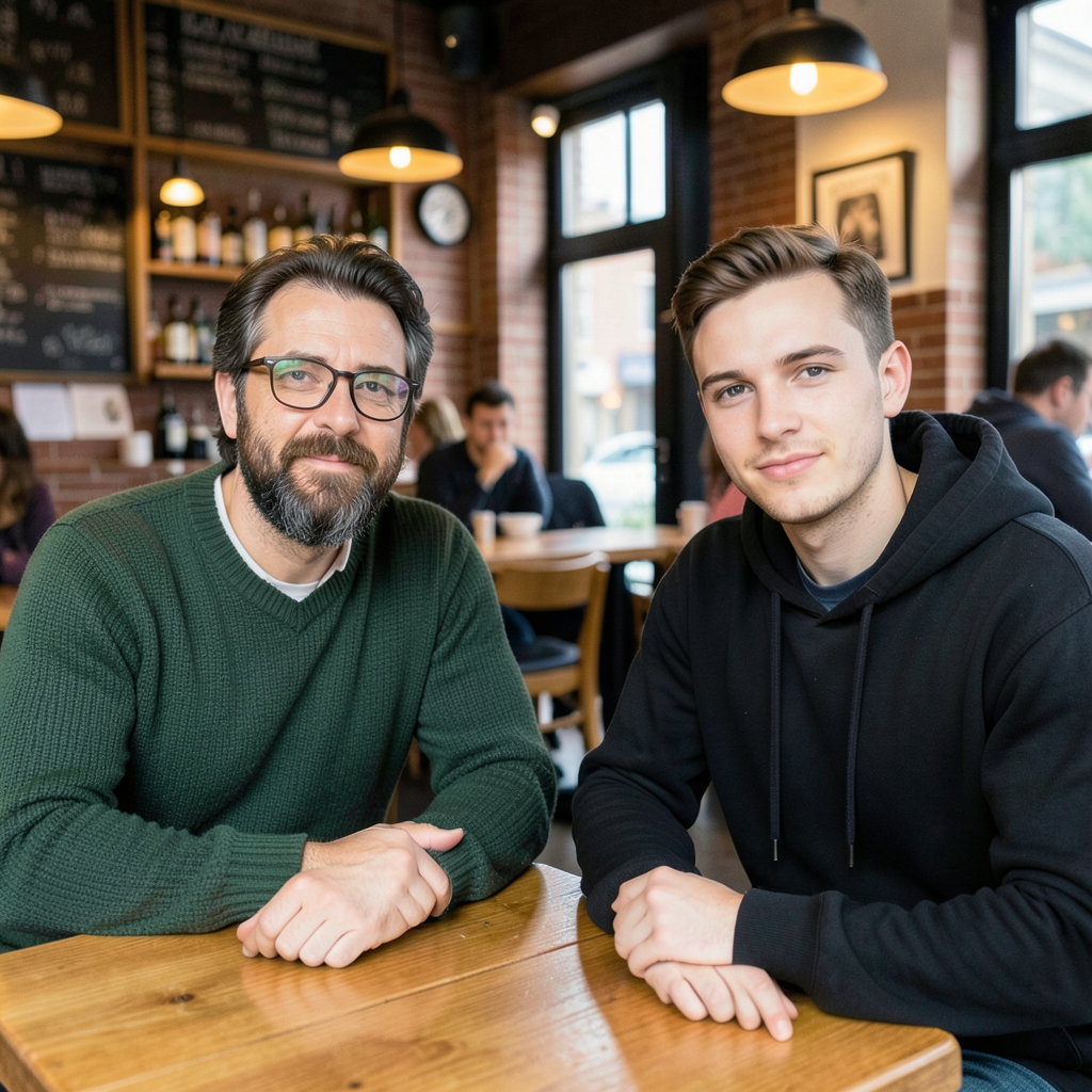 Two men at a cafe: one with a beard and glasses wearing a gr