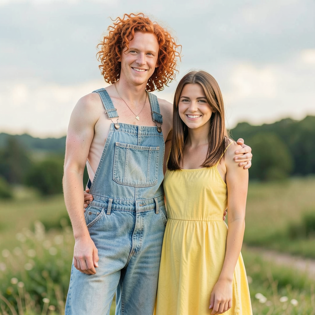 Two friends posing: one tall with curly red hair in denim ov