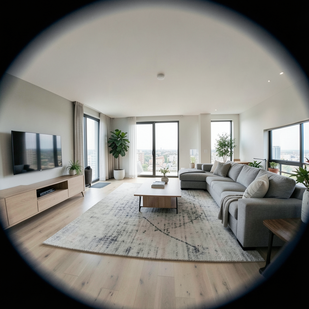 A wide-angle shot of a modern living room interior showing e