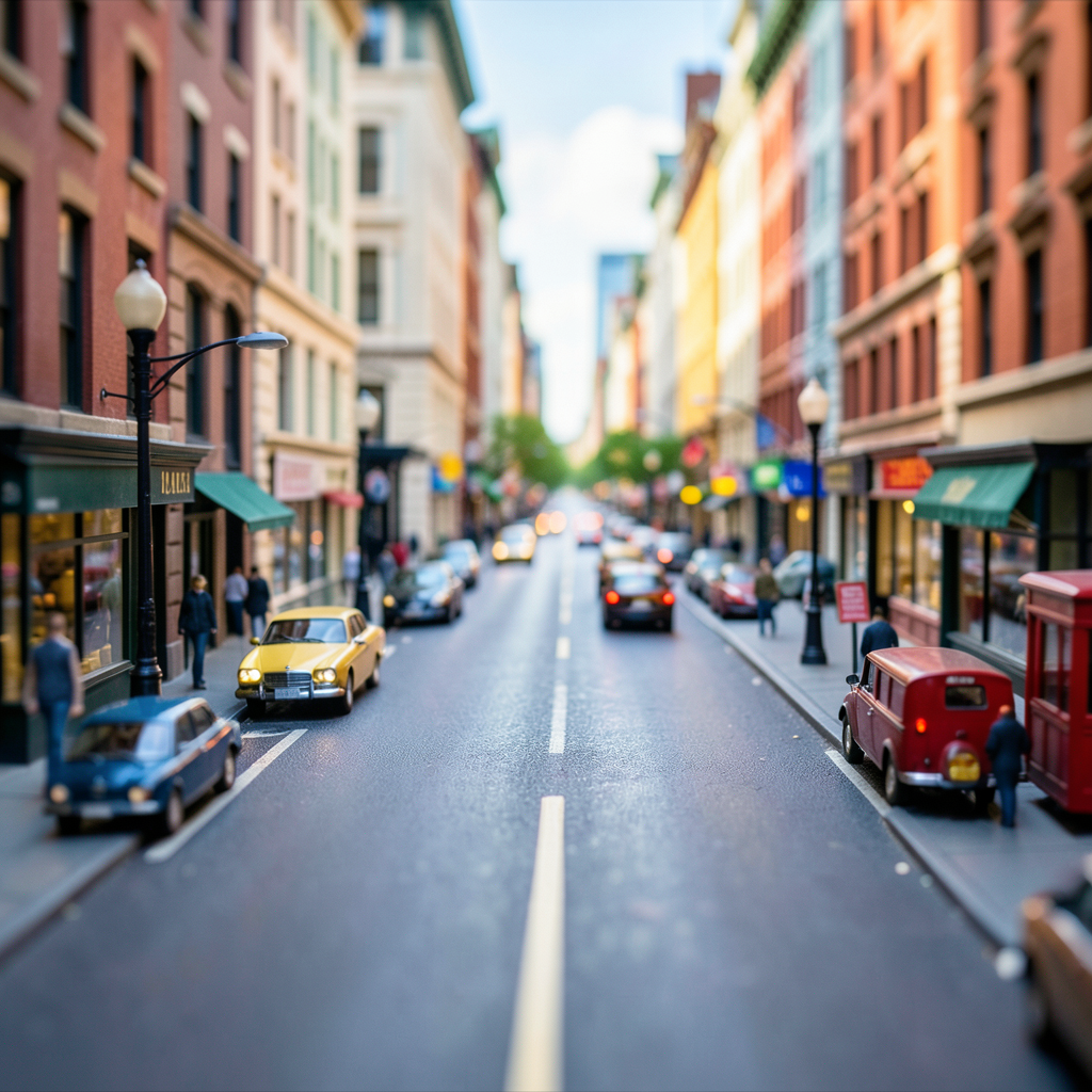 A tilt-shift photograph of a city street making real-life lo
