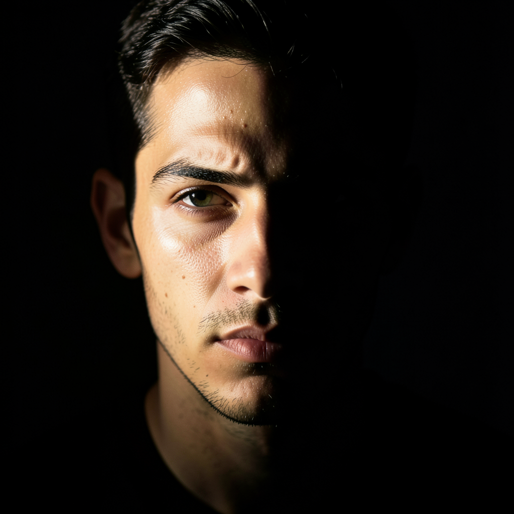 A portrait with dramatic split lighting — half the face brig