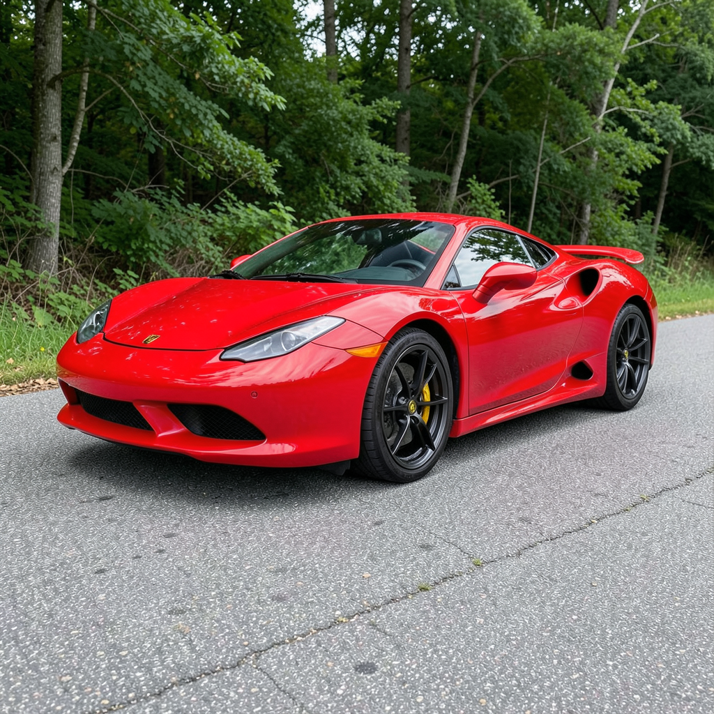 A bright red sports car parked on a gray asphalt road — the 