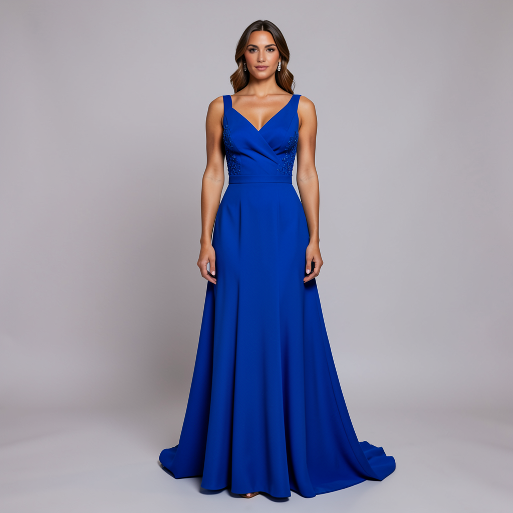 A woman wearing a royal blue evening dress against a neutral