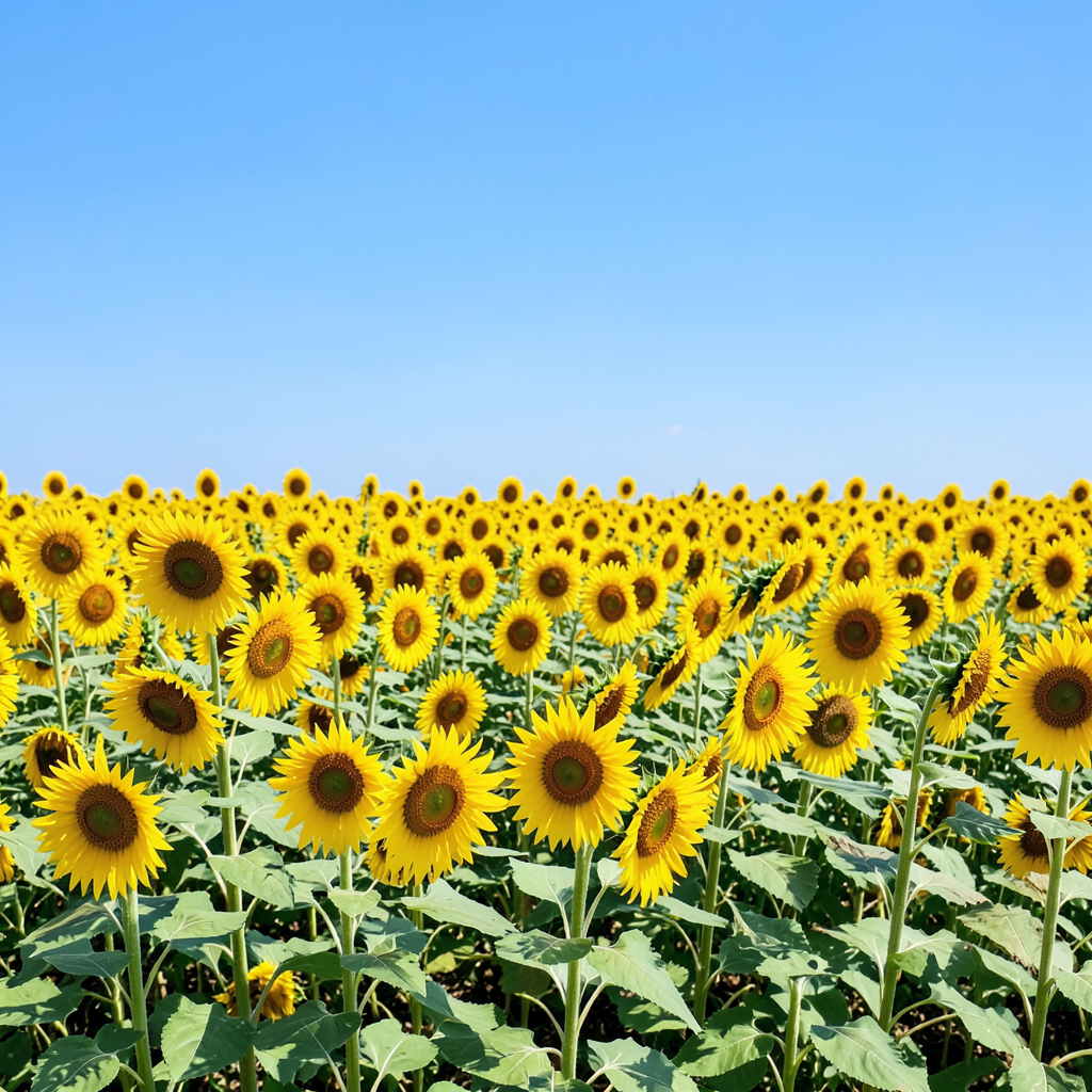 A field of pure sunflower yellow flowers under a clear blue 