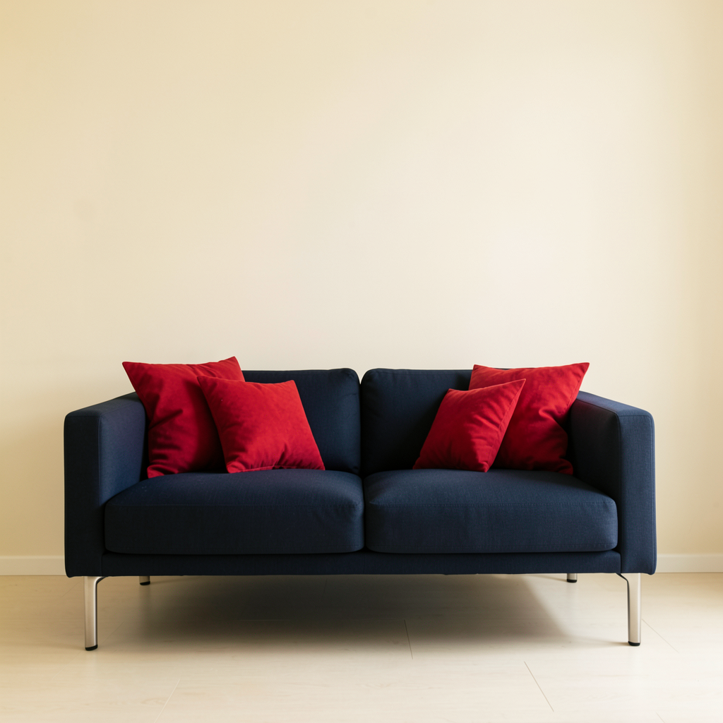 A minimalist room with walls in #F5E6CC (warm cream), a sofa