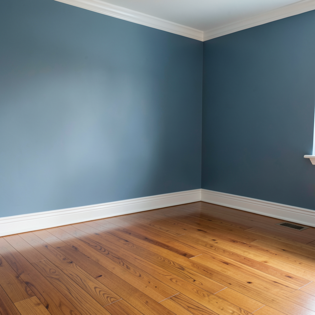 A room with walls in #4A90D9 (medium blue) with warm wooden 