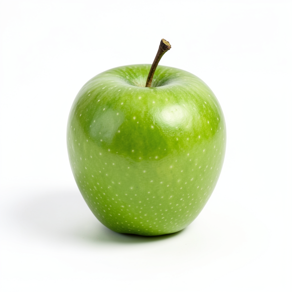 A ripe green apple on a seamless white background with soft 
